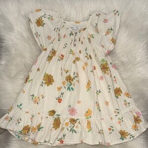 Zara White Floral Smocked Flutter Dress with Yellow & Pink Blooms
